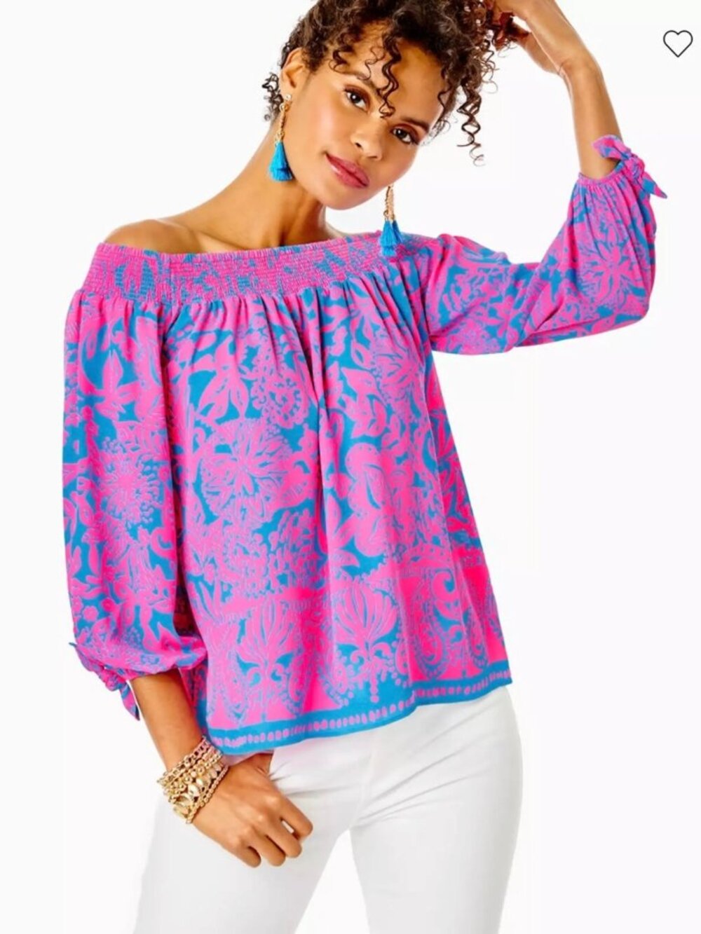 Lilly Pulitzer Maryellen Long Sleeve Mocked Aura Pink off the Shoulder Leafe
